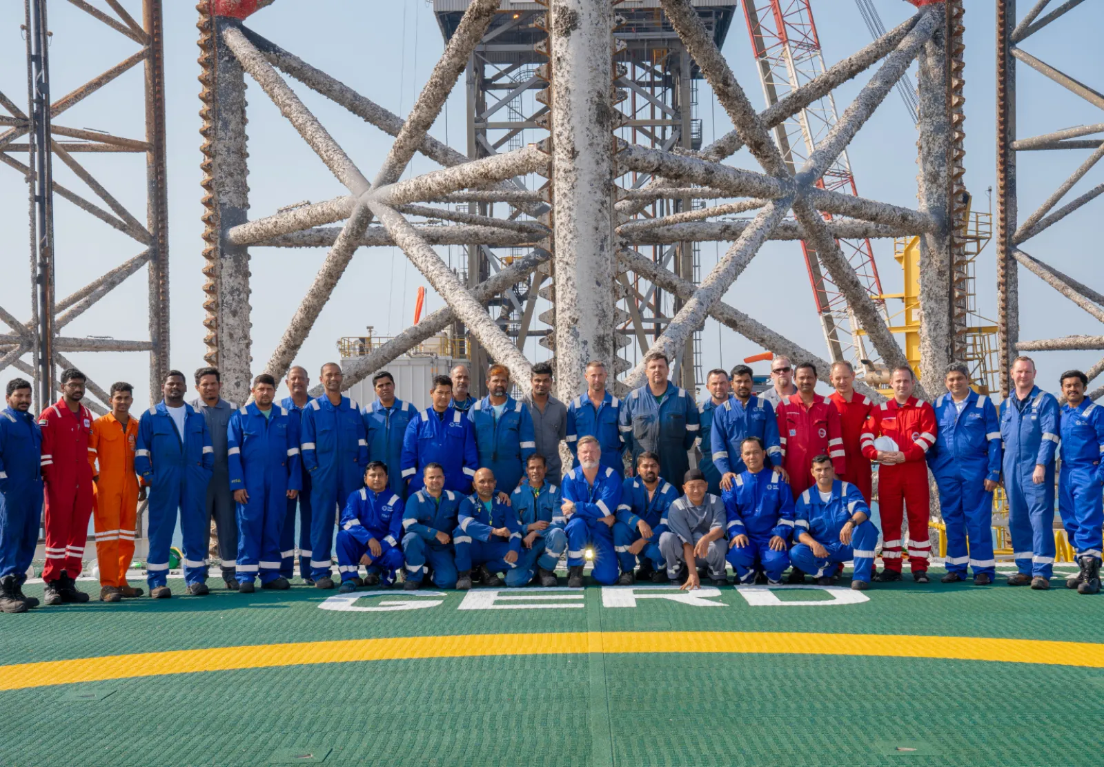 The crew of the Borr Drilling rig Gerd on its helideck